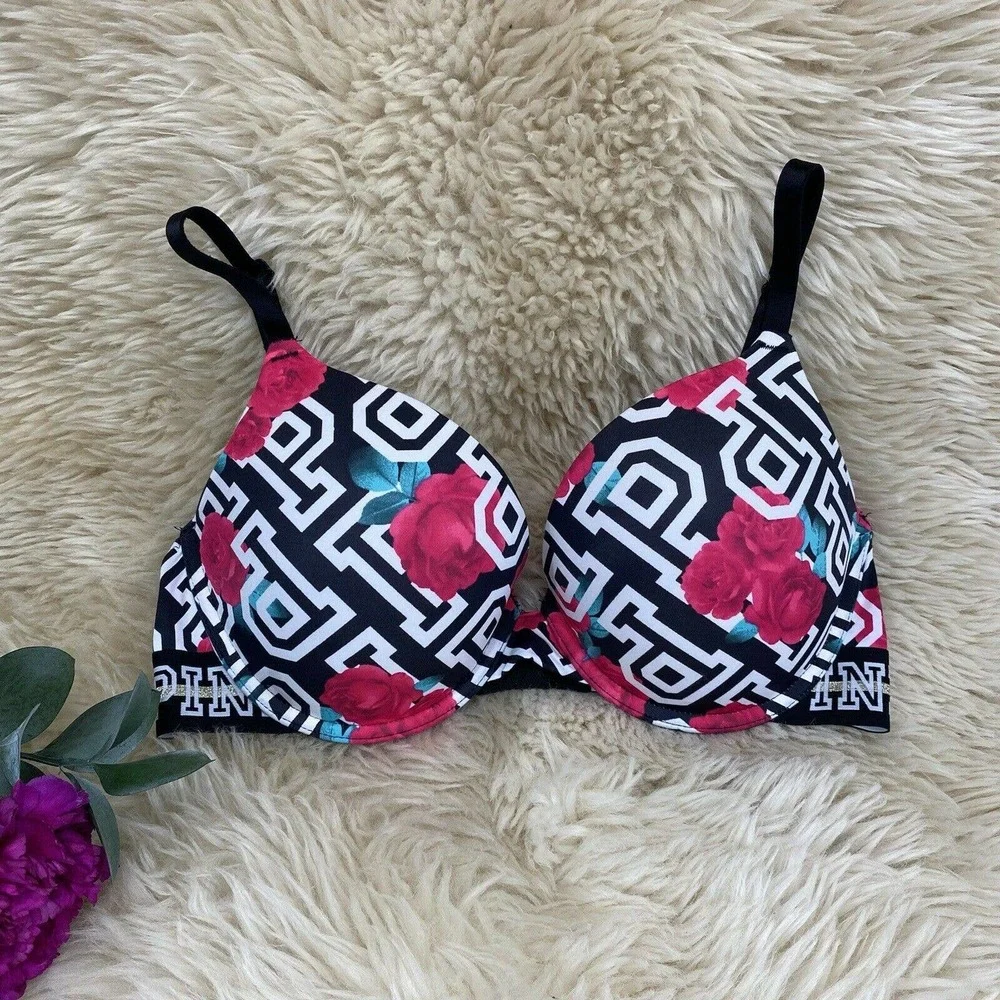 Victoria's Secret PINK Wear Everywhere Push-Up Bra 32DD Black Red Rose Logo - Picture 2 of 7